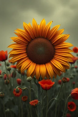 Sunflower surrounded with a lot of red poppies growing out of a zombie, the whole texture coffe color m