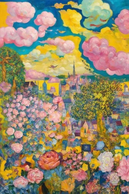 Cotton Candy Sky; Surrealistic painting inspired by Klimt and Hundertwasser; Golden Hour; Exquisitely Detailed