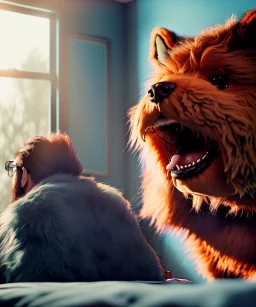 Realistic bedroom scene. big furry monster sitting next to human girl from behind. Wes Anderson style. Red hair, smile, happy, gradient color fog. highly detailed, concept art, unreal engine 5, ray tracing, RTX, lumen lighting, ultra detail, volumetric lighting, 3d, finely drawn, high definition, high resolution.