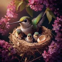 Create an incredible image in the Anne Geddes art style with 2 cute baby ruby throated hummingbirds sitting on the nest in a lilac bush branch, next to the baby hummingbirds is a broken shell of one egg, as if it had just hatched from the egg. Mother hummingbird in the nest looking calm at the 2 baby hummingbirds. the nest is inside a beautiful flowering lilac branch. A masterpiece, a high-quality photo taken at exactly the right moment for an award-winning photo. bokeh Nikon D850 hig