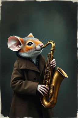 A mouse warring a black coat dressed brown coat, playing the saxophone