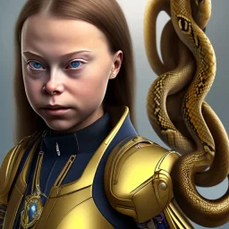  Greta Thunberg cyborg, Golden hair, sexy, perfect, real, dream ,snake goddess