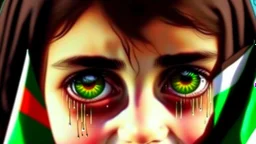 A girl wearing a Palestinian dress with tears in her eyes Her eye color is green Its color is brown Carrying the Palestinian flag