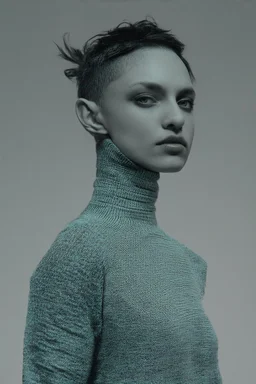 Conceptual renderings cypher punk turtleneck-clad silhouette mining code in a Tokyo lab