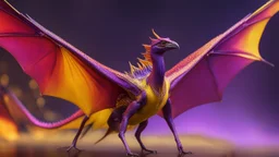 red, yellow and violet coloured pterodactyl, perfect sparkling eyes, perfect anatomy, exquisite composition, beautiful detailed intricate detailed octane render, 8k artistic photography, photorealistic, soft natural volumetric cinematic perfect light, chiaroscuro, award-winning photograph, masterpiece, raphael, caravaggio, bouguereau