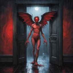 Sinister glowing red eyed Lovecraftian cupid standing in the threshold of an open door at midnight in the pouring rain, dramatic horror, incredible composition; dynamic lighting; meticulously composed concept art, masterpiece, cell-shaded, Volumetric lighting, color ink illustration, creepy, Eldritch, opulent shadows, by Michael Whelan and Colin McCahon, moody, macabre