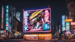 a billboard branded writing Odk Tokusentai latin , with neon light, in the city center, at night.