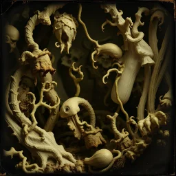 A daguerreotype-style close-up image of a surreal background inspired by Hieronymus Bosch and Max Ernst, featuring twisted organic forms, decaying botanical elements, and strange vegetal growths that seem to pulse with unnatural life. The entire scene is bathed in soft, ambient lighting that creates an otherworldly atmosphere, with areas of deep shadow contrasting against the pale, spectral glow of the figures.