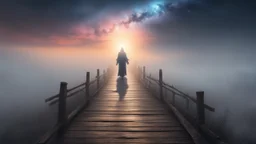 walking straight ahead over a wooden bridge, holding the angel of death with your right hand, entering the fog at the end of the road that leads to the afterlife, and a beautiful sunset and galaxy's behind the fog, realistic