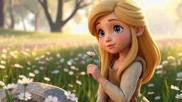 3D animated scene of a young Cinderella: "Young, kind, with fair skin, blue eyes, and long blonde hair. Wears simple clothes and a warm expression, looking somber while holding a flower at her mother’s grave in a serene, flower-filled meadow. Soft sunlight filters through the trees, and the gentle wind rustles her simple clothing, symbolizing her quiet kindness.