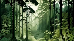 A grayish green forest designed in Javanese shadow puppets painted by Edward Hicks