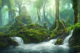 Photorealistic, rainforest with a serene creek and little waterfalls