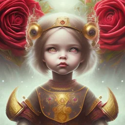 toddler, epic dark queen,tears, majestic, ominous, fire, fiery red roses background, intricate, masterpiece, expert, insanely detailed, 4k resolution, retroanime style, cute big circular reflective eyes, cinematic smooth, intricate detail , soft smooth lighting, soft pastel colors, painted Rena