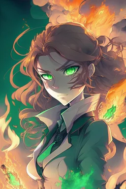agent and a scientist who deals with poison and acid, burning down and suffocating her enemies. Attracting attention with her light brown hair and green eyes and A dangerous and beautiful woman dark academia style drawing aesthetic 2d anime style