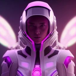 Cute girl, Sci-fi character, white suit, purple backlight, pink and purple, scifi suit, profile, purple background, pink lighting, futuristic