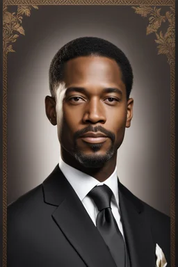 An extremely formal, funeral program on darkest bronze deeply pigmented velvet paper with brilliant, brightest heavy golden fonts, with a photograph on the front of the program of an strikingly handsome slightly tanned Biracial Black man of 50 years of age, with a slightly gray goatee dressed in a very dark conservative suit and tie, the photograph has a dark brown background or dark brown drapery background, simple, minimalistic, less element, very dramatic lighting