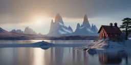 small house, windows light, heavy snow, big blue lake water, Mount Fitz Roy