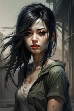 pretty girl, aged 15, black hair, dystopia, athletic, digital art