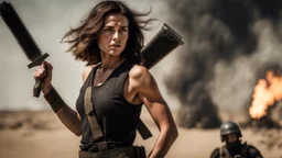 beautiful slender caucasian female technician, black tank top, knife-fighting a giant soldier, well toned muscles, weathered face, scratched sand camo metal details, short brunette wavy bob haircut, dystopian, desert scene with smoke and explosions, particles flying