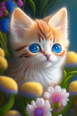 extremely cute kitten-like creature with strange flowers Hyper realistic eyes, oil on canvas award winning fantastic view ultra detailed acrylic art Ultra realistic Impressionism Surrealism simen johan, sharp focus intricate oil on canvas cinematic lighting photorealistic high detail ultra detailed crisp quality colourful in sunshine