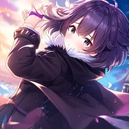 floating in air, backflip,{{anime}}, detailed beautiful short hair,{{fluffy hair}}, delicate and intricate hair, black loose raincoat with hood, purple and black eyes, blush, beautiful detailed eyes, {beautiful face}, cinematic light,{masterpiece}, beauiful illustration, offical art, upanime