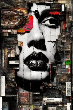 Ultra detailed medium portrait painting dead end road, dark room with little light coming from an open door behind, torn up collage of clippings, broken circuitry background, matrix effects, punk visual art, punk art aesthetic, graffiti art, pop surrealism, collage art, cluttered paint glitches