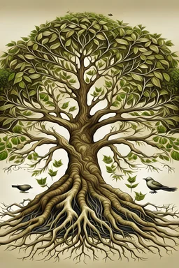 A tree with strong roots, representing the stability and foundation provided by parents, while its branches cradle a nest with baby birds, symbolizing the nurturing and supportive environment parents create for their children to grow