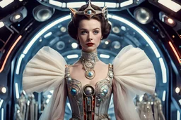 Austrian simbolism, hiper-realistic technicolor Vivien Leigh Princess wears a Star wars futuristic Surrealist fashion gown, ornamental details, in space opera Stanley Kubrick movie style