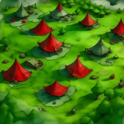 dnd, fantasy, top-down map, map of a large camp, demonic wastes, red, black sand, tents, illustration, watercolour, -green, -grass