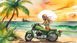 A watercolor illustration of a woman in a bikini lounging on a sandy beach next to a vintage motorcycle, under a colorful sunset sky with palm trees swaying in the wind