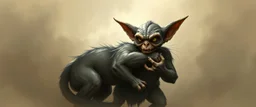 air brush 3d with pen outline, mongrel goblin gremlin holding big big cat monster with blurred shadow outline, charcoal fog border