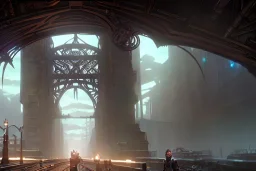 dungeon punk steam train bridge seven towers city ravine river