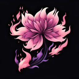 A cartoon-style sakura flower, pink and purple flames on the side, black background