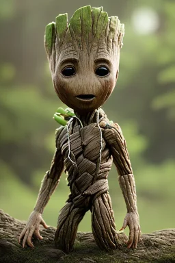 Groot toddler, serious, full body, bokeh, hyper realistic