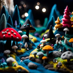 Close-up photograph of a landscape made of felt, people, rock formations, animals, fungi, crystals, mineral concretions, extreme detail, intricate, colours, Tim Burton, Harry Potter, sinister scribbles, sparkles, bokeh