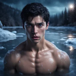 Hyper Realistic Photographic-view of Young handsome muscular prince with short-black-hair frozen deep-down a frozen-lake with the terrified look on her face & eyes dramatically open with-terrified-worried-expressions in her beautiful-eyes at night showing dramatic & cinematic ambiance.