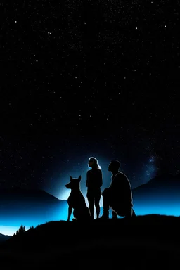 Black background on a mountaintop and three sitting silhouettes. The first silhouette is of a fit woman, the second silhouette is of a fit man sitting beside each other. The third silhouette is of a Belgian Malinois dog sitting next to the first silhouette of a fit woman looking at the stars.