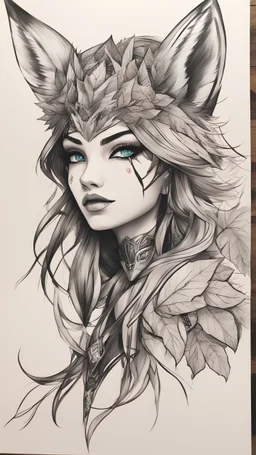 bits of color, furistic Sketch book, hand drawn, dark, gritty, realistic sketch, Rough sketch, mix of bold dark lines and loose lines, bold lines, on paper, ahari, fox girl, league of legends, eyes mask, leaves, animals, runes, dark theme,