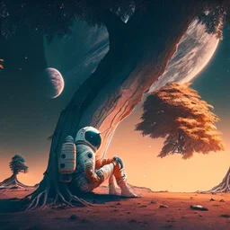 A lonely astronaut sits under the shade of an old tree on the edge of a planet. He looks at a beautiful galaxy. And he is thinking while waiting for his love.4k, high resolution. full detail.