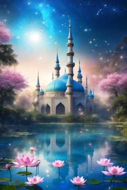 Wonderful islamic Mosque colors of a magic lake full of lotus flowers and fairytale castle in the background with sparkling white stars tiny electric blue butterflies