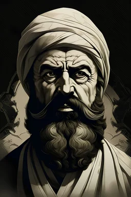 "Create an evocative image capturing the essence of Abu Muslim al-Khorasani's revolutionary leadership, depicting key moments or symbols associated with the historical revolution he led in the 8th century