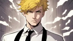 18 year old boy in white shirt black tie short yellow hair serious and handsome DC Comics art in a dark place lighting a lighter
