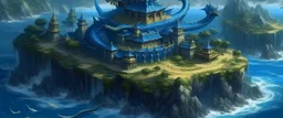 A dark blue island with a dragon palace painted by Zosan