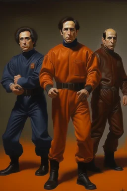 1970's dark fantasy cover dnd style oil painting of seinfeld in sport outfits with minimalist far perspective.