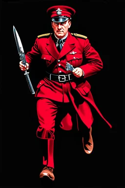 poster of a british soldier(uniform and face based on racist steriotypes) running towards viewer, a knife i one hand, and a gun(barrel pointing at viewer) in the other. retro poster monochrome with white background