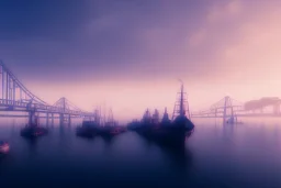 oakland boat port in california, urban , slums , view of port from the sea, bridge in background , fog , realistic, unity, scriptable render pipeline , cinematic lighting.