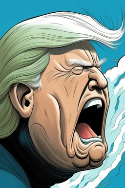 profile of trump with a giant head, angrily screaming.