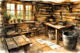 ink wash and watercolor illustration of the interior of an early 18th century rough hewn New England cabin, with a dry laid stone hearth , rustic furniture , kitchen utensils, hanging herbs and medicinal plants, in the comic book style of Bill Sienkiewicz and Jean Giraud Moebius , sharp focus, natural light and shadow, rich earth tone colors