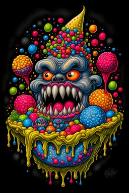 Monster made of ice cream, candy, gum drops, sprinkles tattoo design, traditional tattoo style, t-shirt design, fantasy art, digital painting, clean dark background, 8K by R. crumb, Todd Schorr, Robert Williams, Alex Alemany