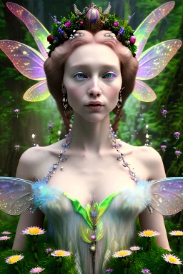 create a faerie based on a modern elizabeth I with realistic features bathing in a river with a waterfall in an enchanted forest with flowers and glow lifelike